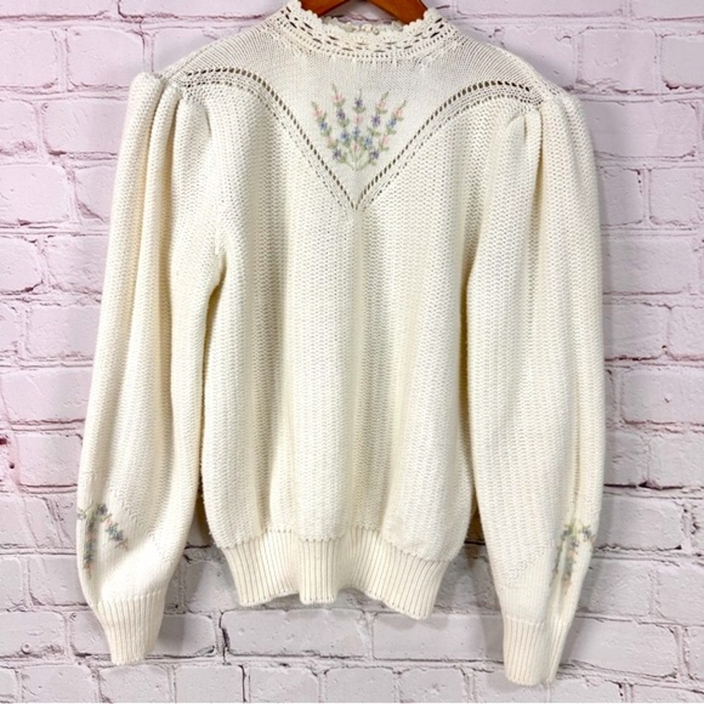 Susan Bristol Vintage Sweater Floral Embroidery Cottage Core Large Doen